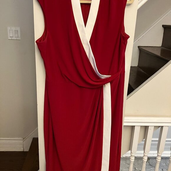 Kasper Women's Red and White Colorblocked Faux-Wrap Cap-Sleeve Dress NWT - Picture 2 of 10